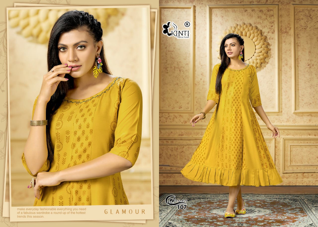 Kinti Waves Rayon Printed Ethnic Wear Designer Latest Anarkali Kurti Collection